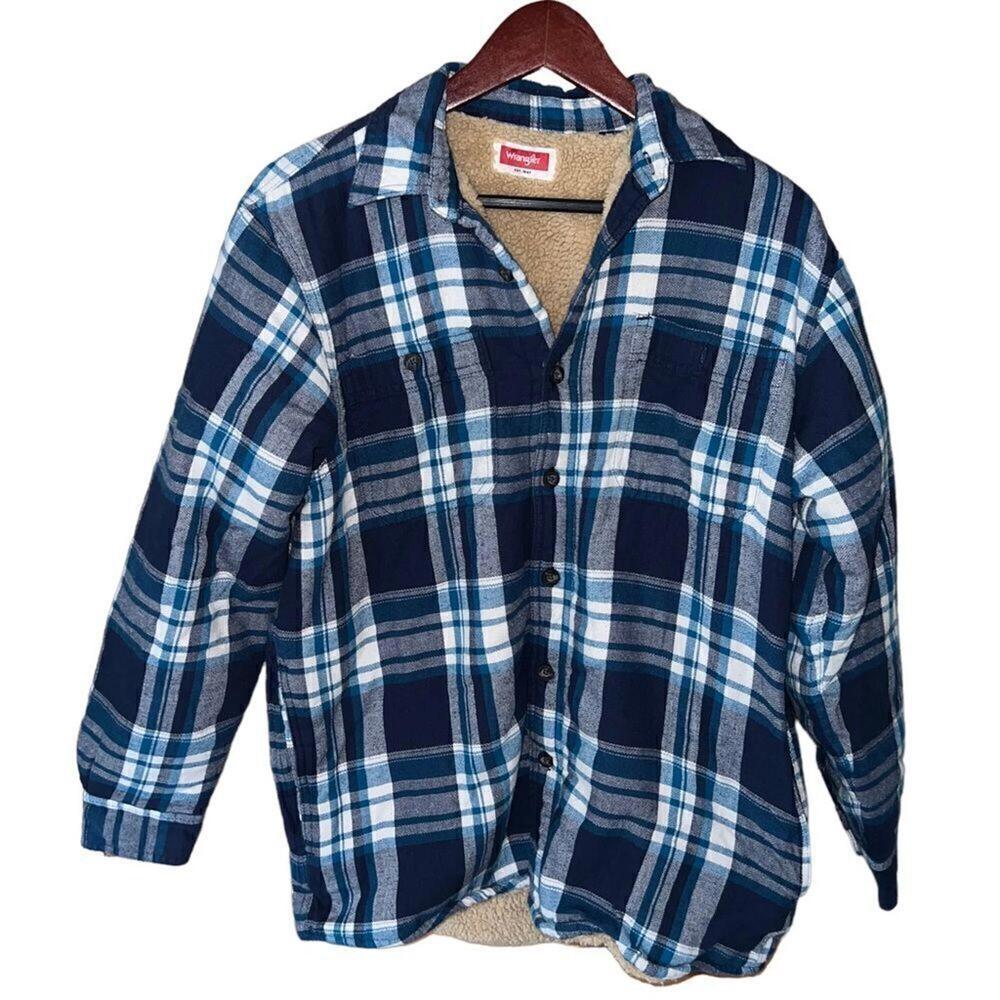 Wrangler Blue Plaid Fleece Lined Flannel Shirt Front Pockets Men's‎ Size Small